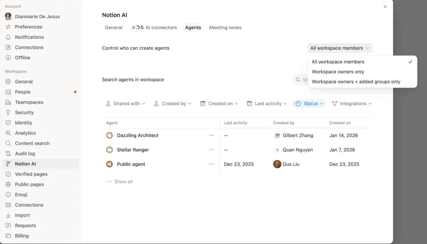 إعدادات إنشاء الوكيل داخل Notion AI.
