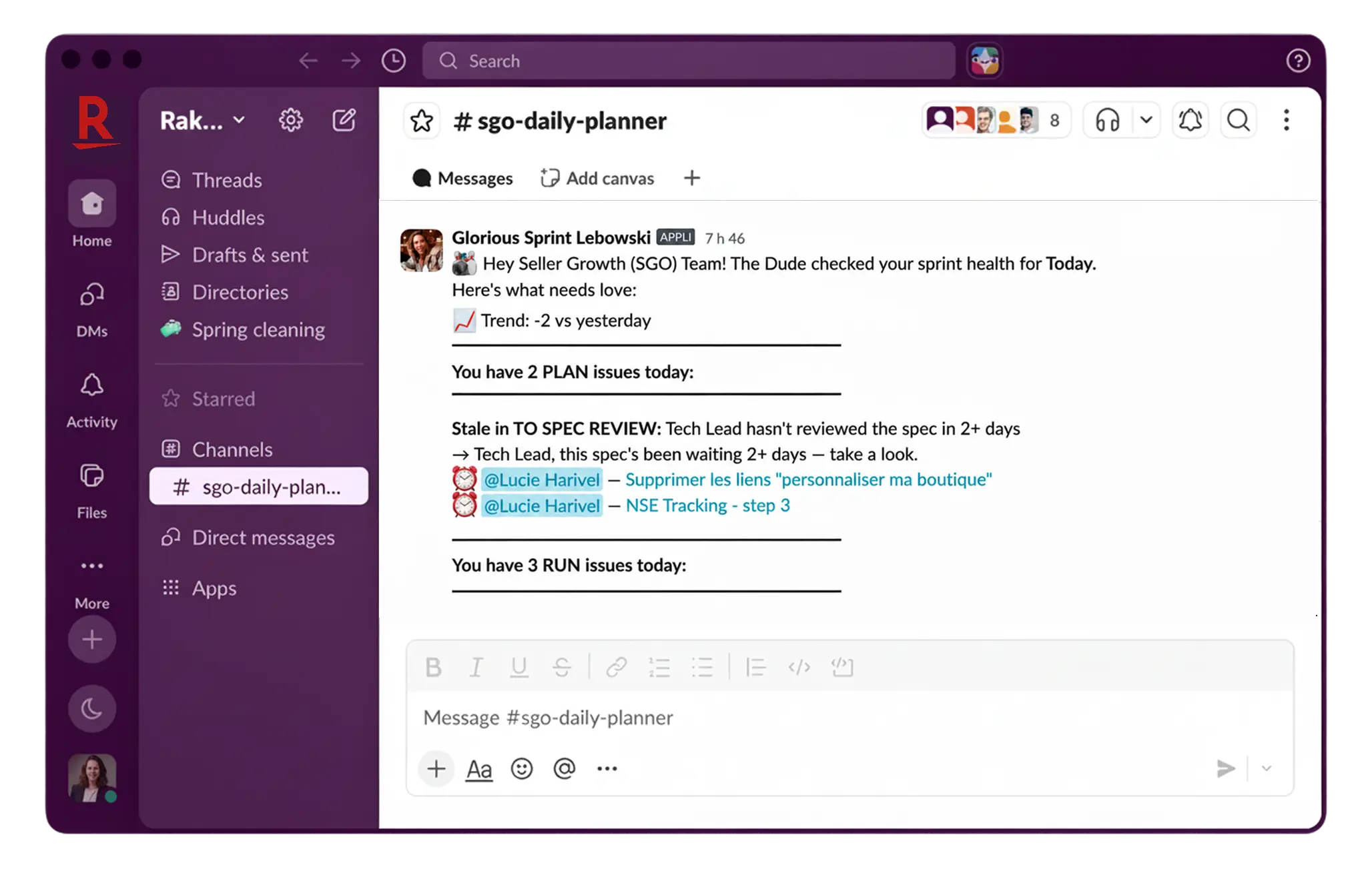 Der Sprint-Lebowski-Agent liefert jedem Feature-Team einen Slack-Bericht, der den technischen Leitern und Produktmanagern gleich bei Arbeitsbeginn einen klaren Überblick über alle anstehenden Aufgaben verschafft.