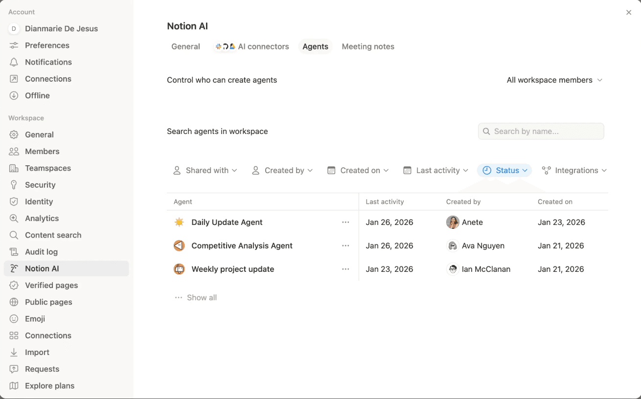 صورة لدليل الوكلاء داخل Notion AI.