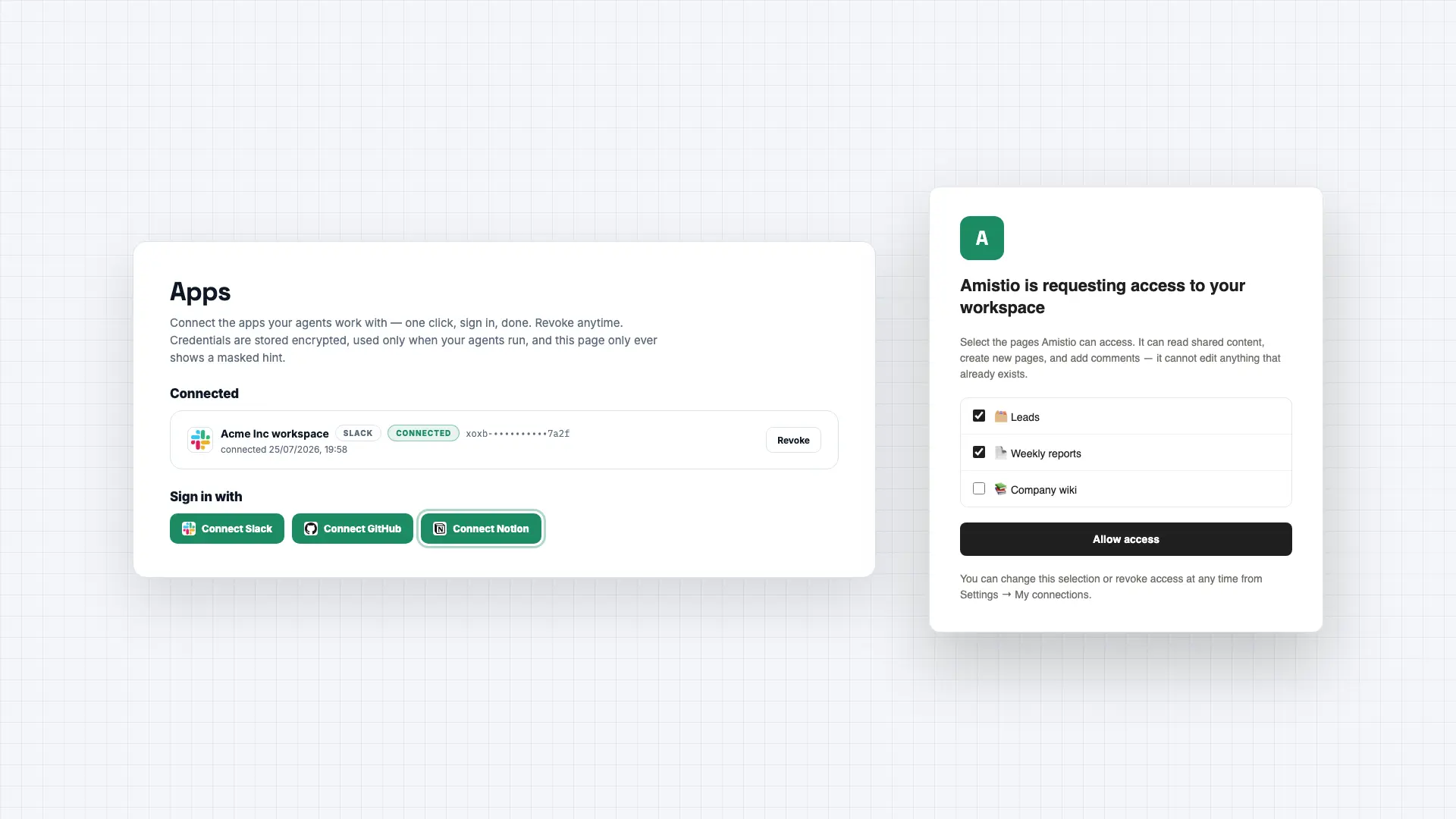 AI agents that file their work into Notion — pages and database entries created automatically from the workflows you build.